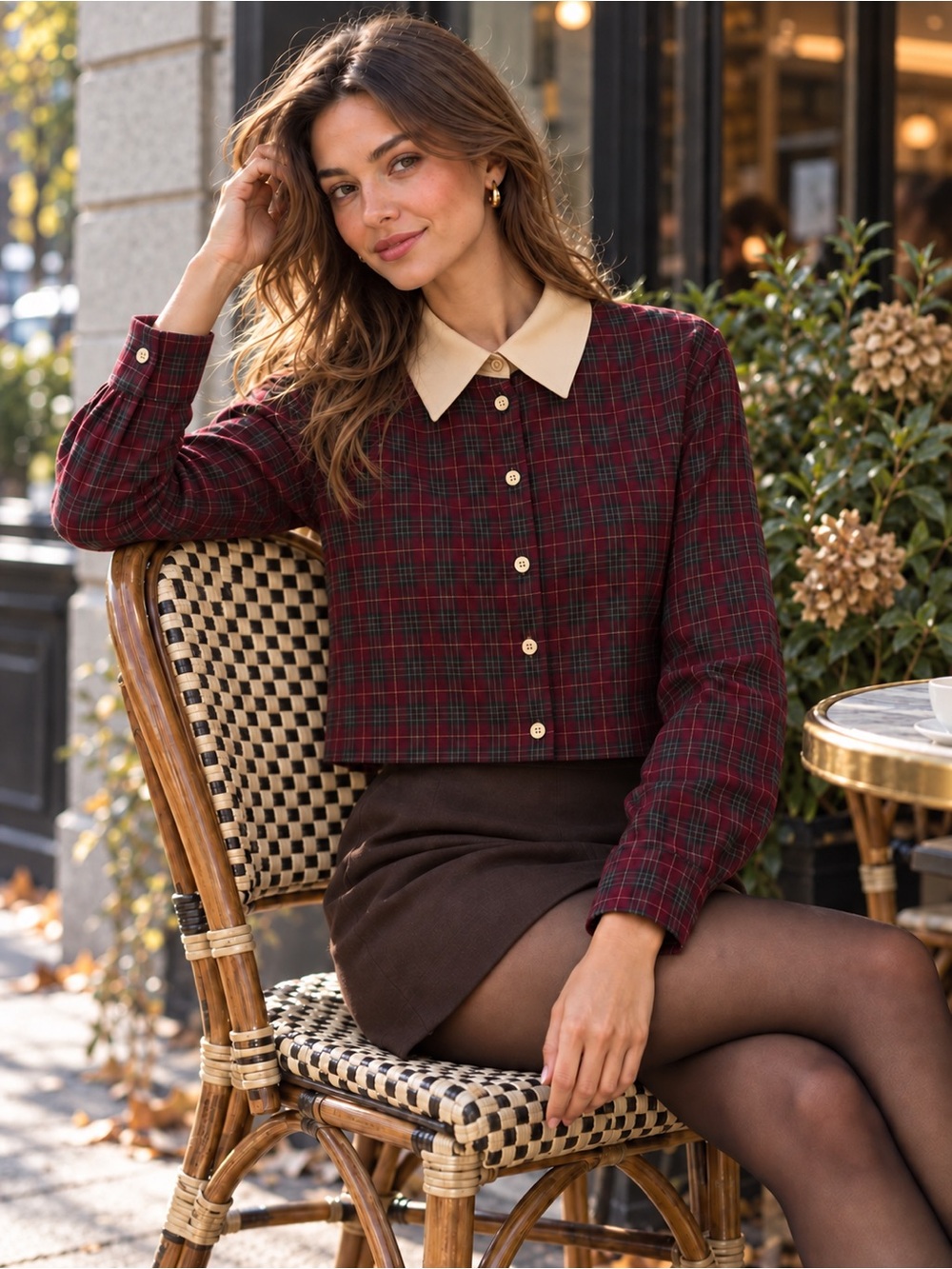 Endless Rose Burgundy Plaid Cream Collar Cropped Blouse S